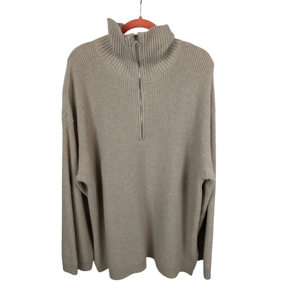 Foxy Kind Womens XL Oatmeal Beige Ribbed Quarter Zip Wool Blend Pullover Sweater